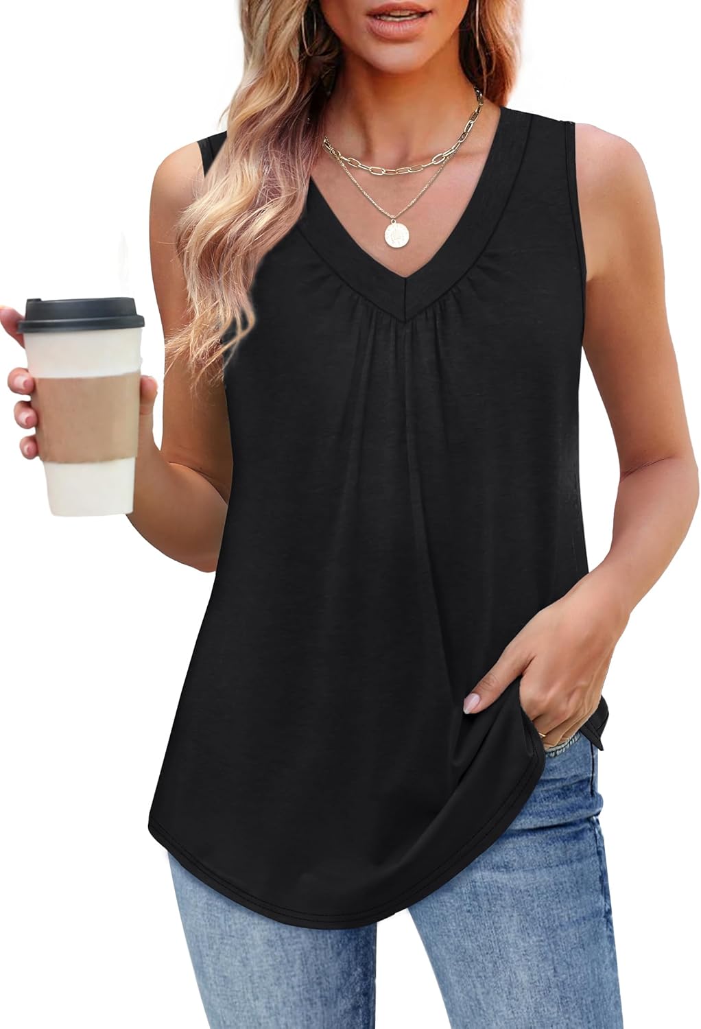 Womens V Neck Tank Top Loose Fit Sleeveless Summer Shirt Ruched Tees and Tanks with Curved Hem
