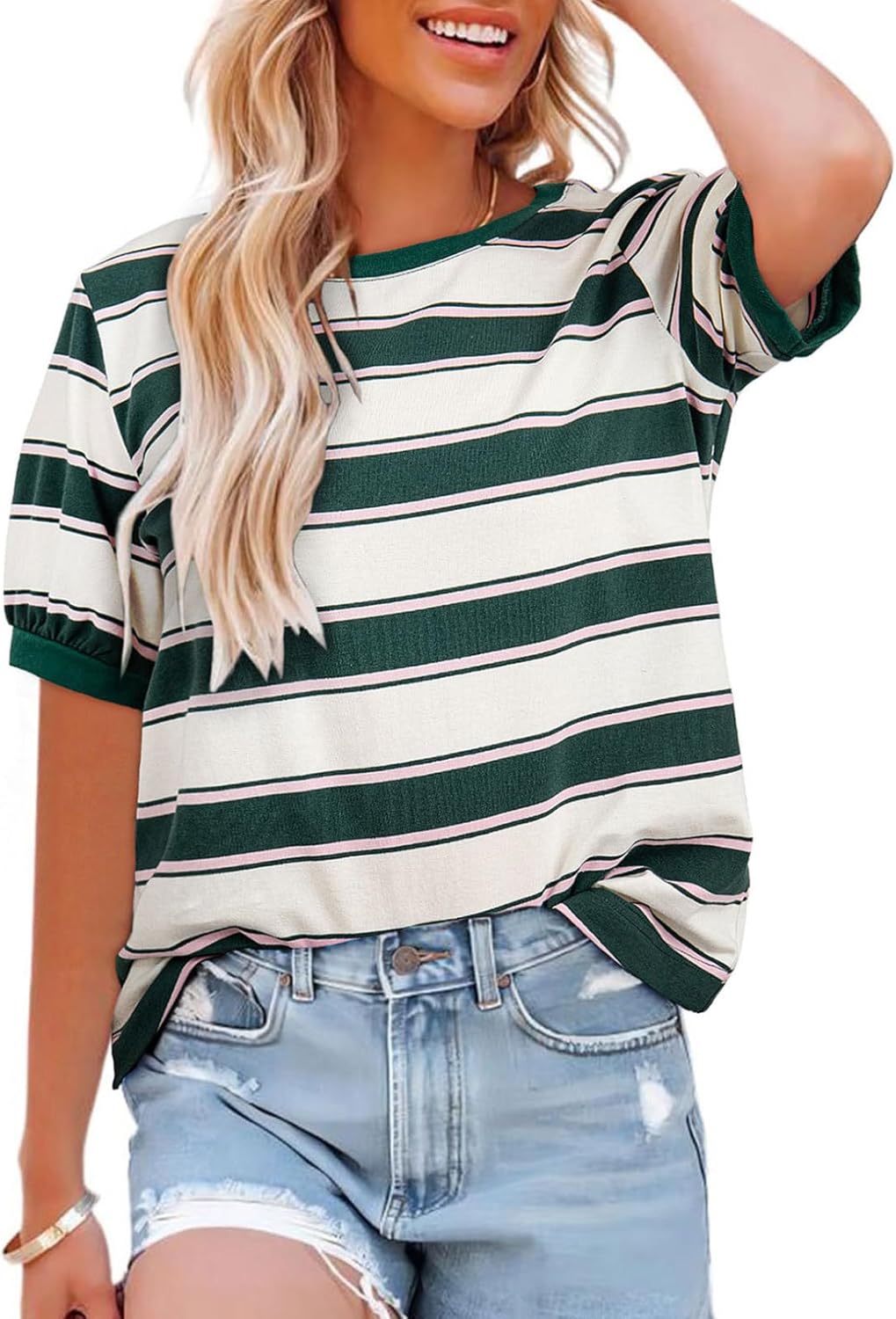 Striped Color Block Short Sleeve T-Shirts Crewneck Casual Loose Basic Tee Blouses