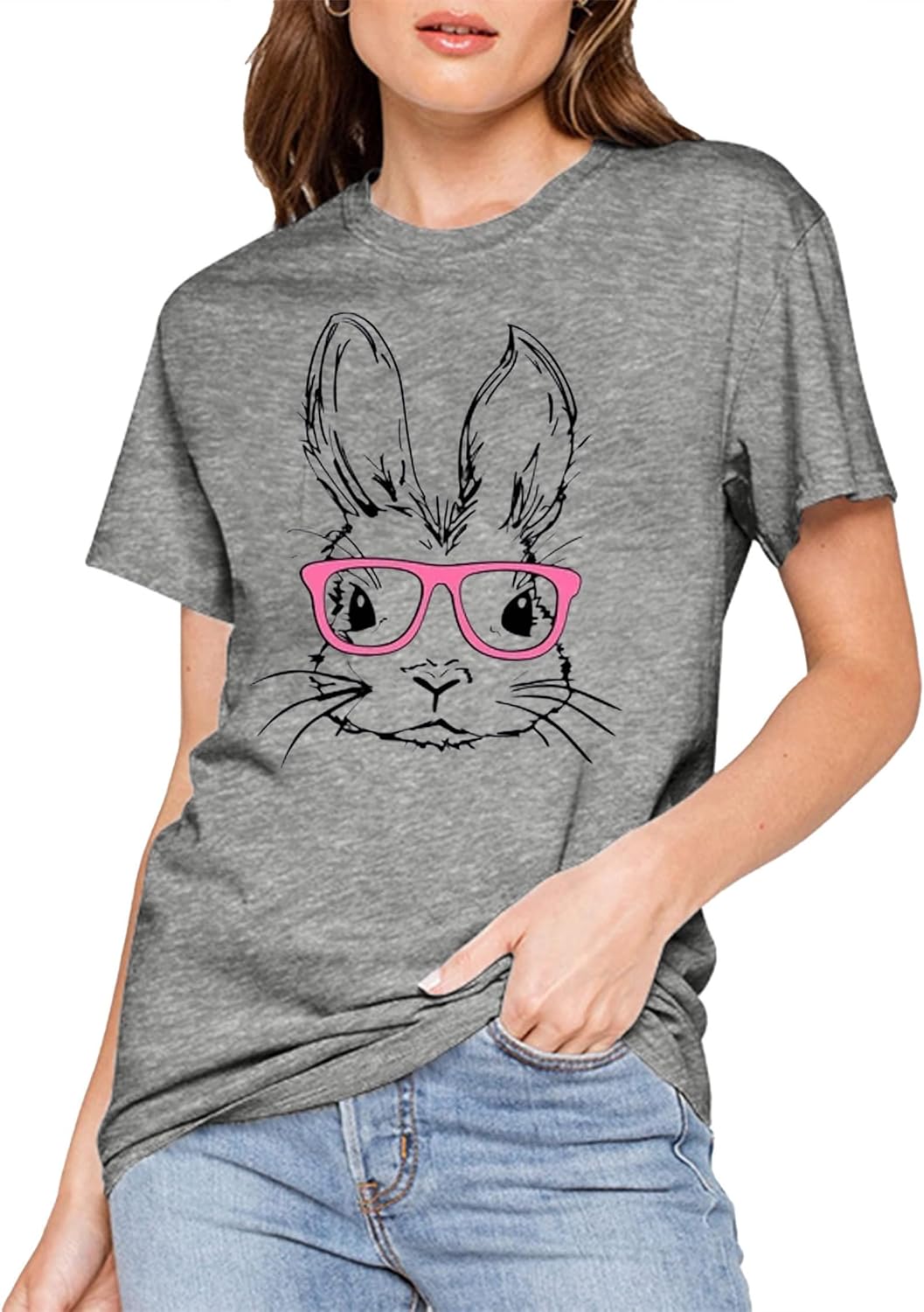 Funny Bunny Print T Shirt for Women Cute Grapic Leopard Shirts Family Blouse Gifts Easter Tops Tee