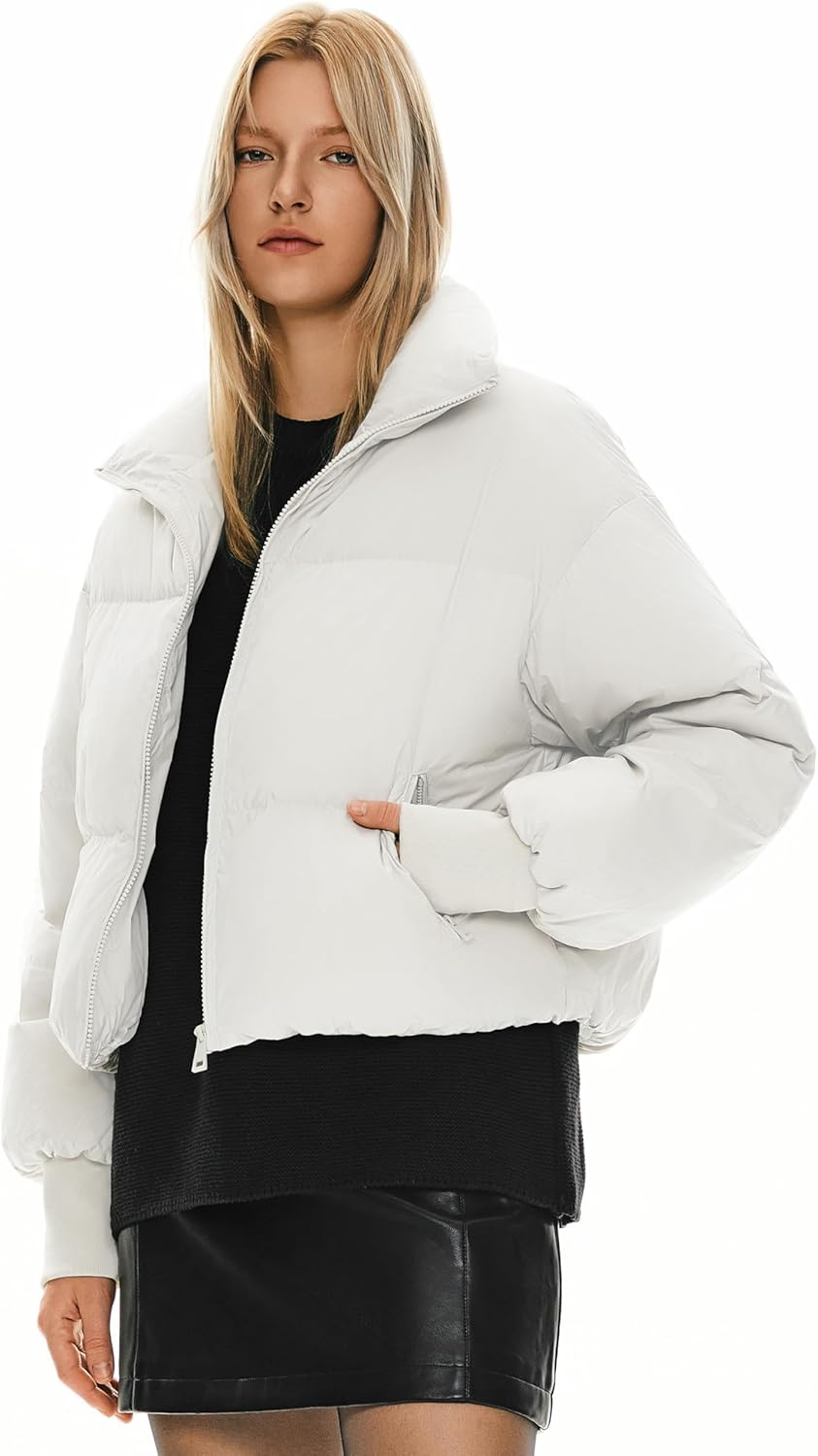 Womens Winter Oversized Cropped Puffer Jacket Zip Up Short Down Coat