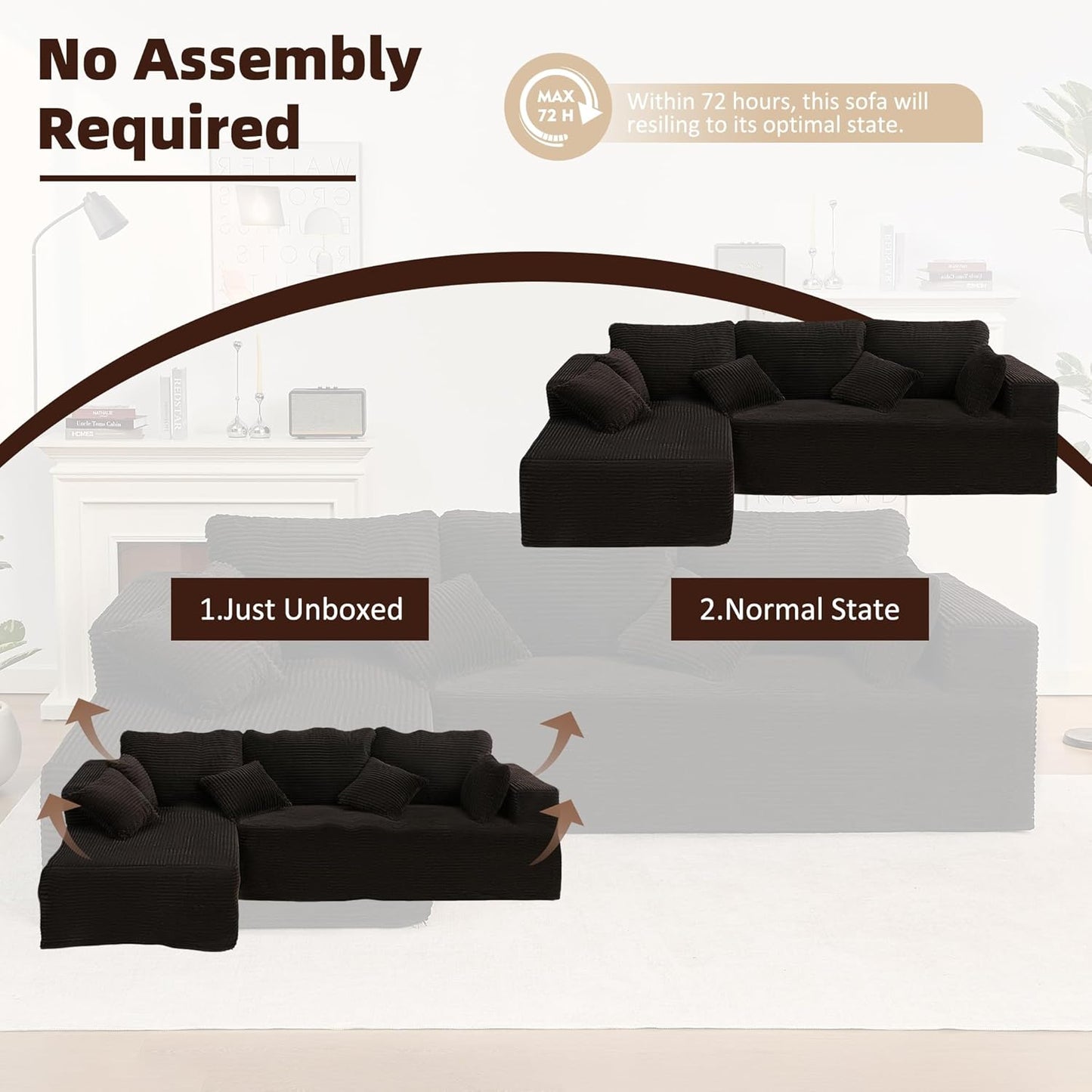 107" Boneless Couch with Deep Seat Cloud Sectional Couch for Living Room