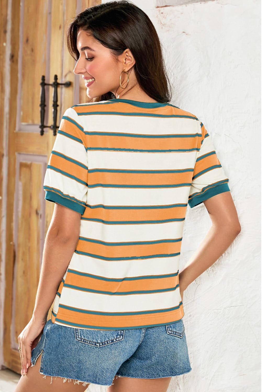 Striped Color Block Short Sleeve T-Shirts Crewneck Casual Loose Basic Tee Blouses