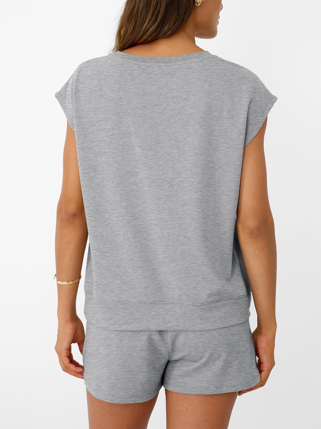Womens Crew Neck Two Piece short Sets Cap Sleeve Drawstring Sweatsuit with Pocket