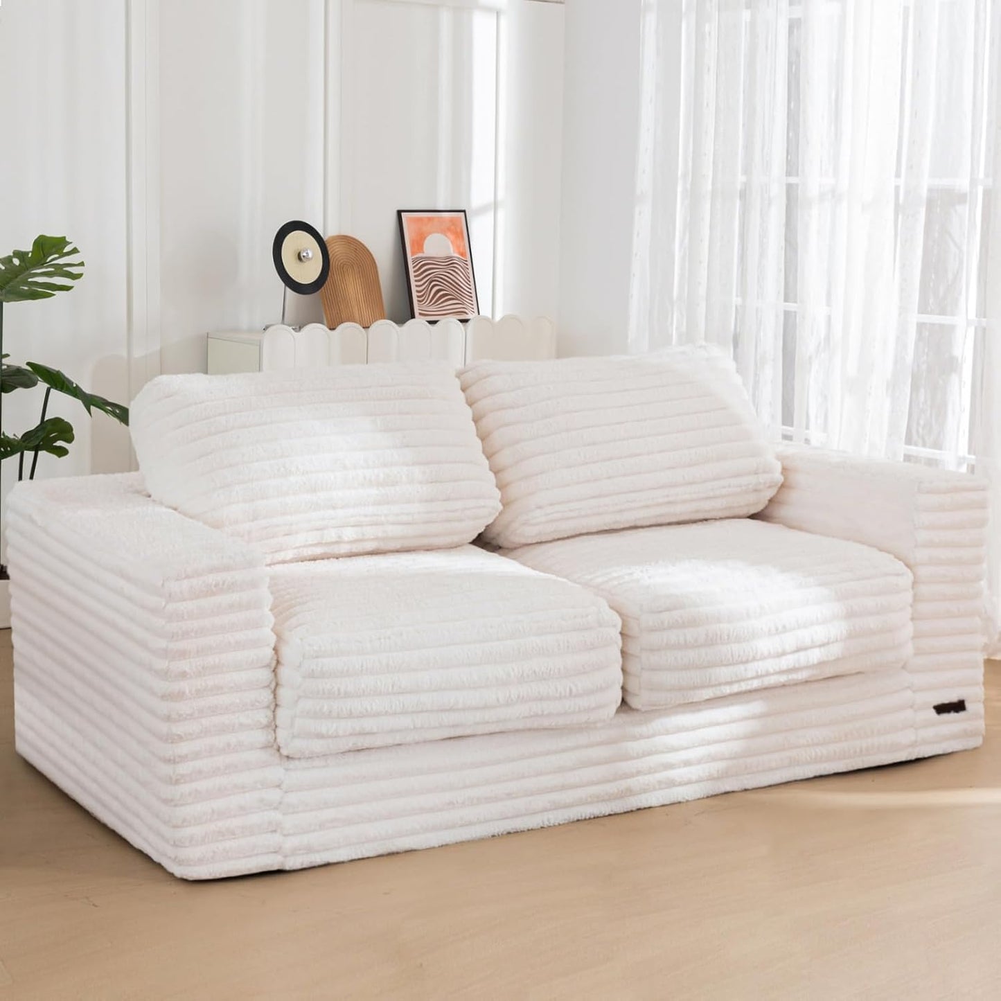 Plush Giant Bean Bag Sofa for Adults Floor Loveseat Chair with Armrests White