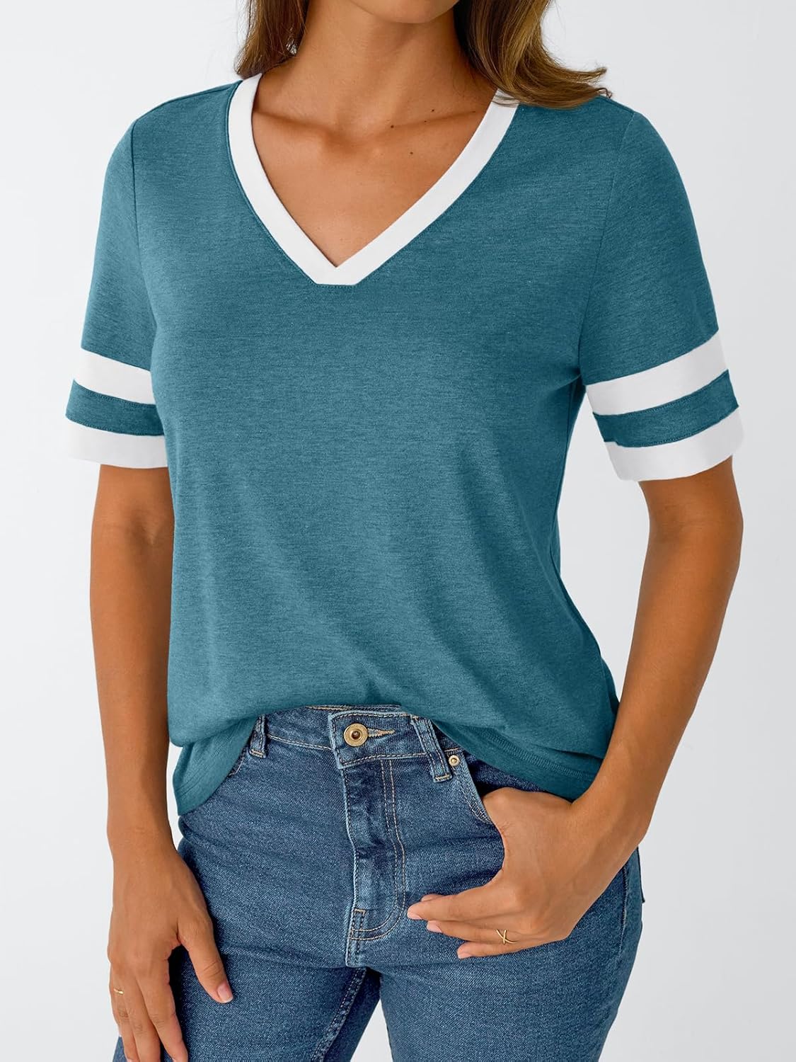 Women's Short Sleeve V Neck T Shirts Trendy Casual Spring Tops