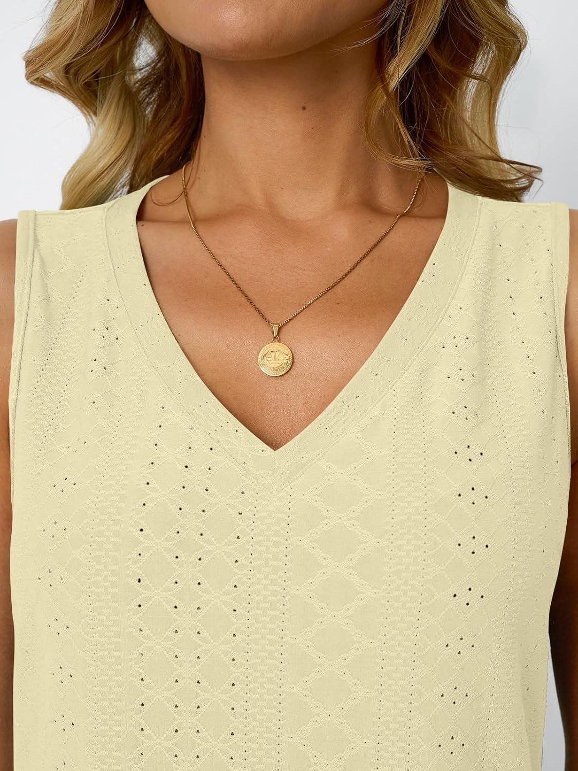 Womens Summer Tank Top Eyelet Embroidery V Neck Sleeveless Loose Fit Casual Shirt