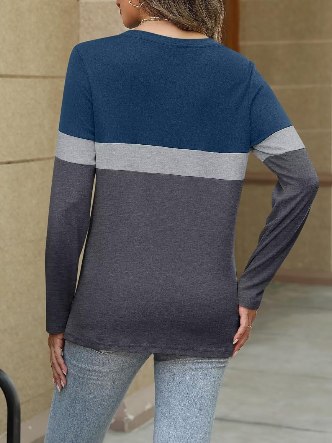 Women Long Sleeve Color Block Tunics Tops Round Neck Shirts Casual Blouses