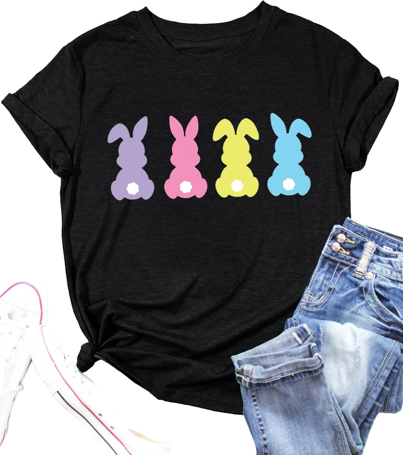 Funny Bunny Print T Shirt for Women Cute Grapic Leopard Shirts Family Blouse Gifts Easter Tops Tee
