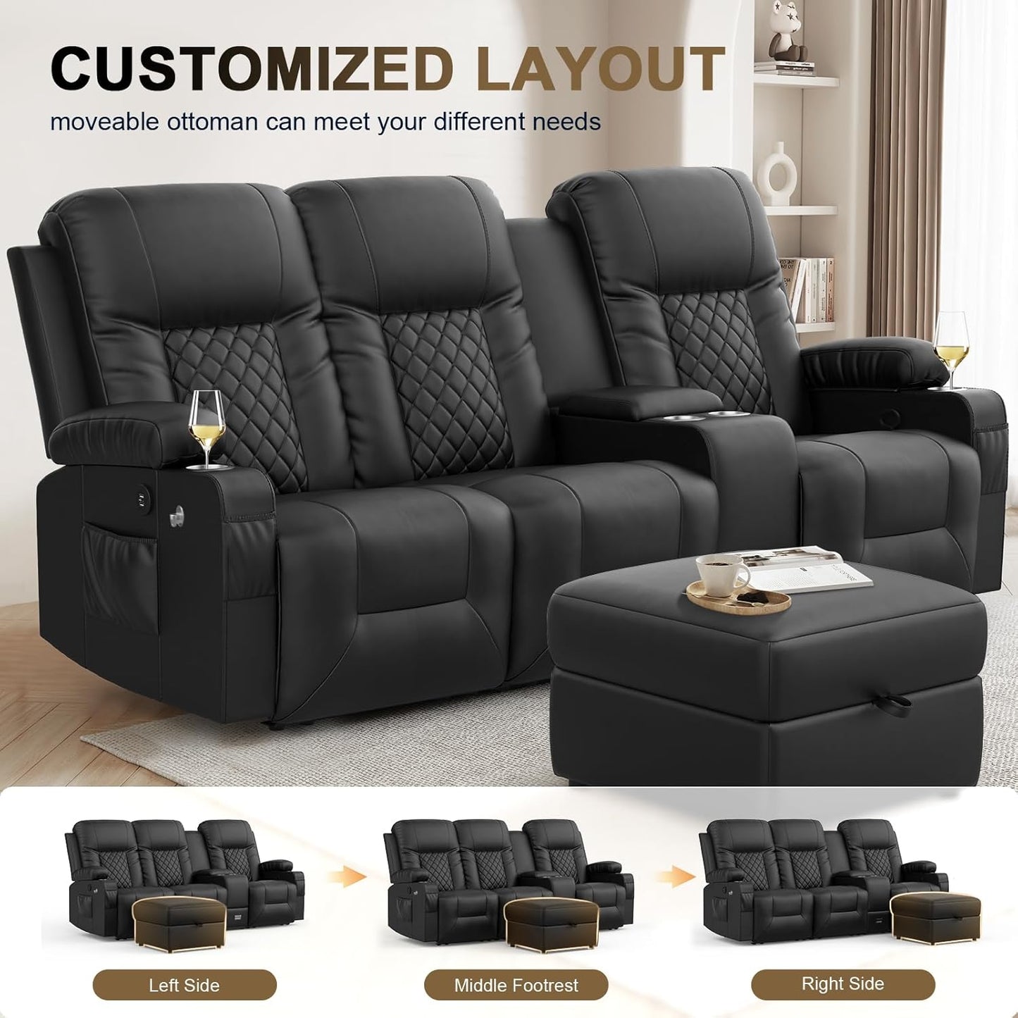 YONISEE 3 Seat Recliner Sofa, Large Reclining Sofa with Storage Console, Manual Reclining Chair with USB Ports, 2 Cell Phone Holder, 3 Seater Loveseat Recliner Couch for Living Room
