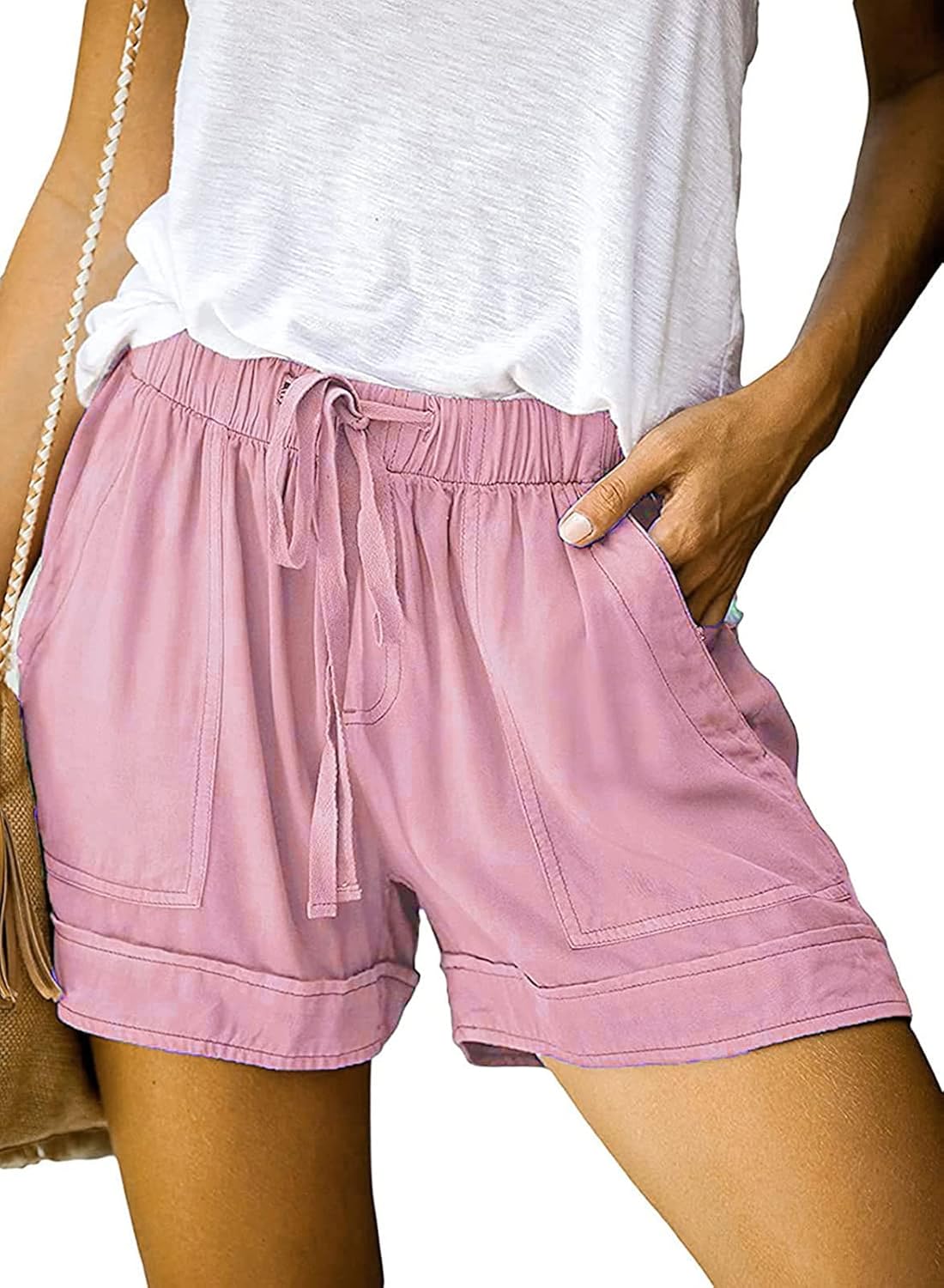 Womens Shorts Cotton Elastic Waist Drawstring Casual Shorts with Pockets