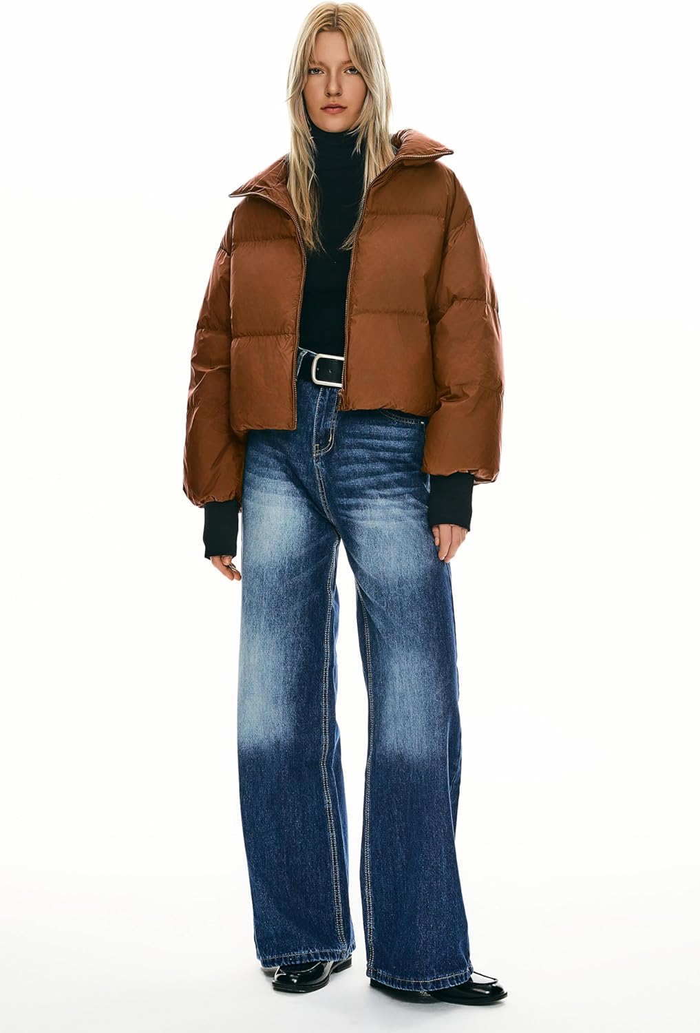 Womens Winter Oversized Cropped Puffer Jacket Zip Up Short Down Coat