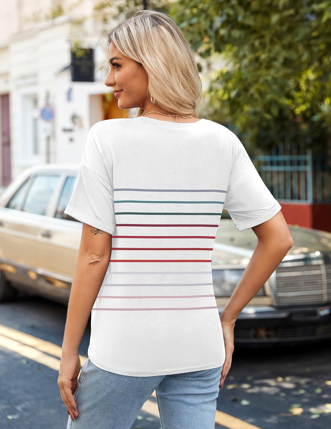 Short Sleeve Casual Shirts Floral Tee Basics V Neck Plain T-shirt