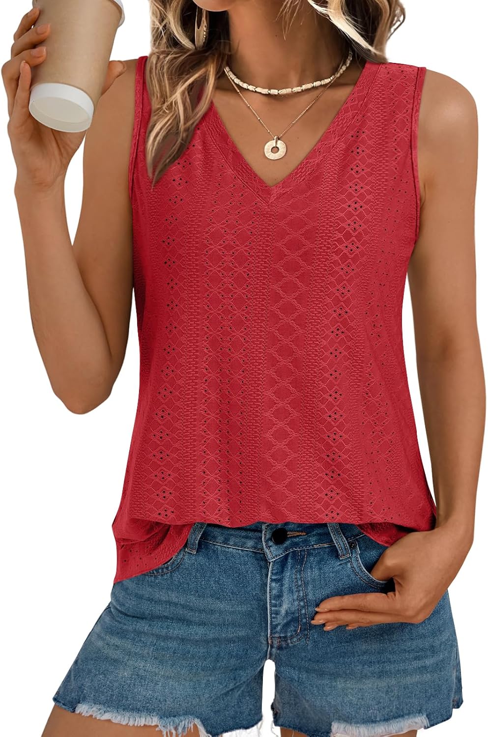 Womens Summer Tank Top Eyelet Embroidery V Neck Sleeveless Loose Fit Casual Shirt