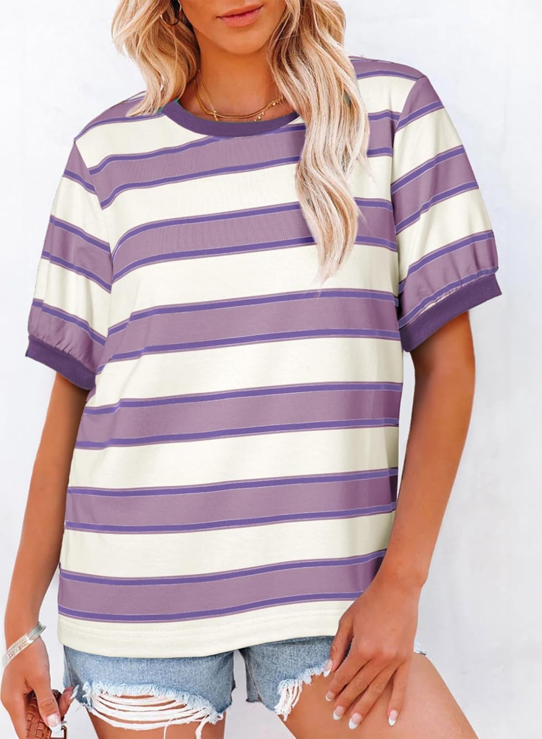 Striped Color Block Short Sleeve T-Shirts Crewneck Casual Loose Basic Tee Blouses