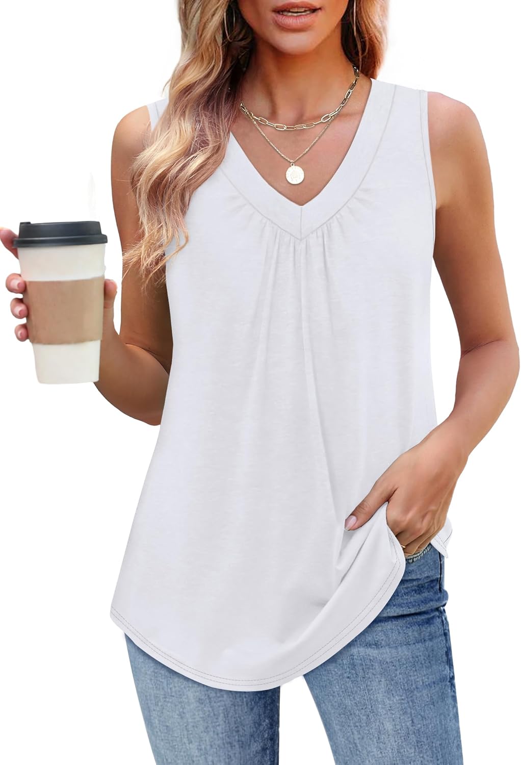 Womens V Neck Tank Top Loose Fit Sleeveless Summer Shirt Ruched Tees and Tanks with Curved Hem
