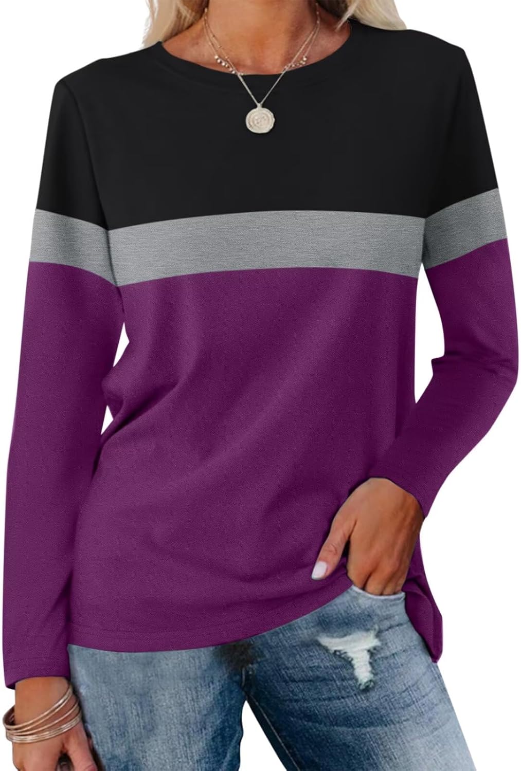 Women Long Sleeve Color Block Tunics Tops Round Neck Shirts Casual Blouses