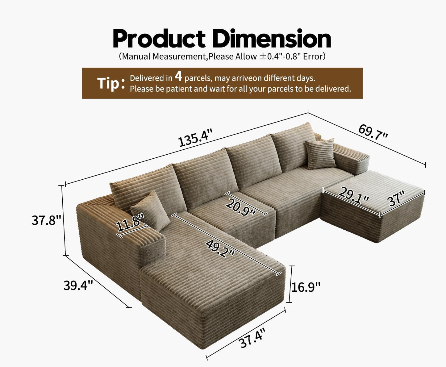 107.5" Cloud Modular Sectional Sofa with 1 Ottoman