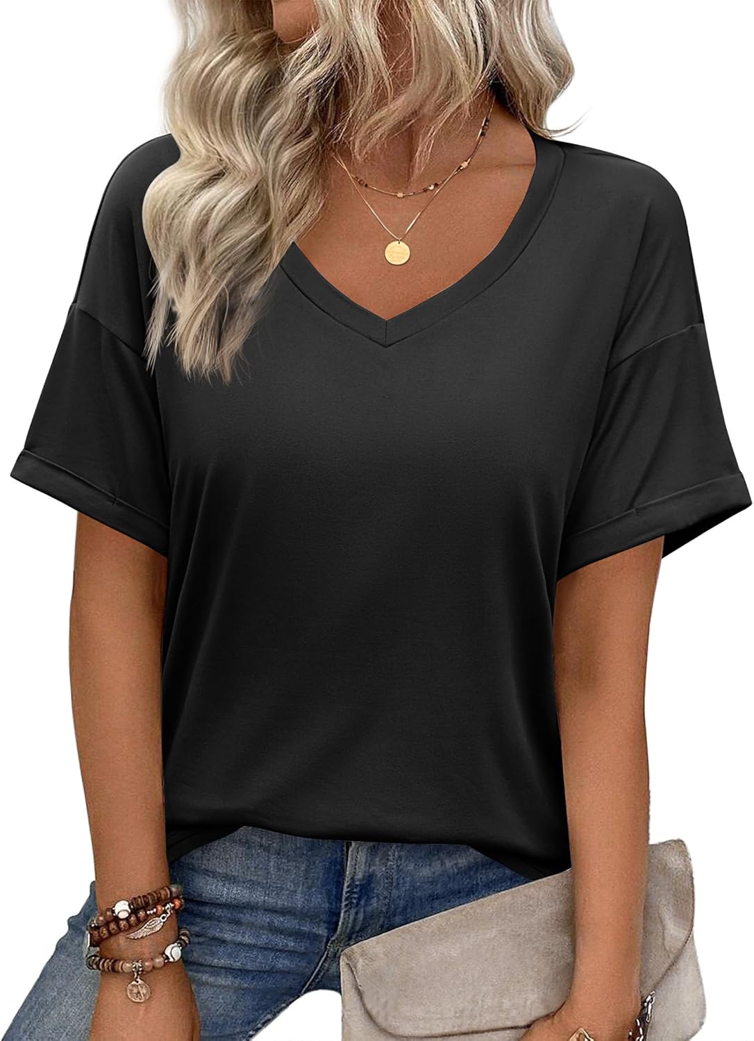 Short Sleeve Casual Shirts Floral Tee Basics V Neck Plain T-shirt
