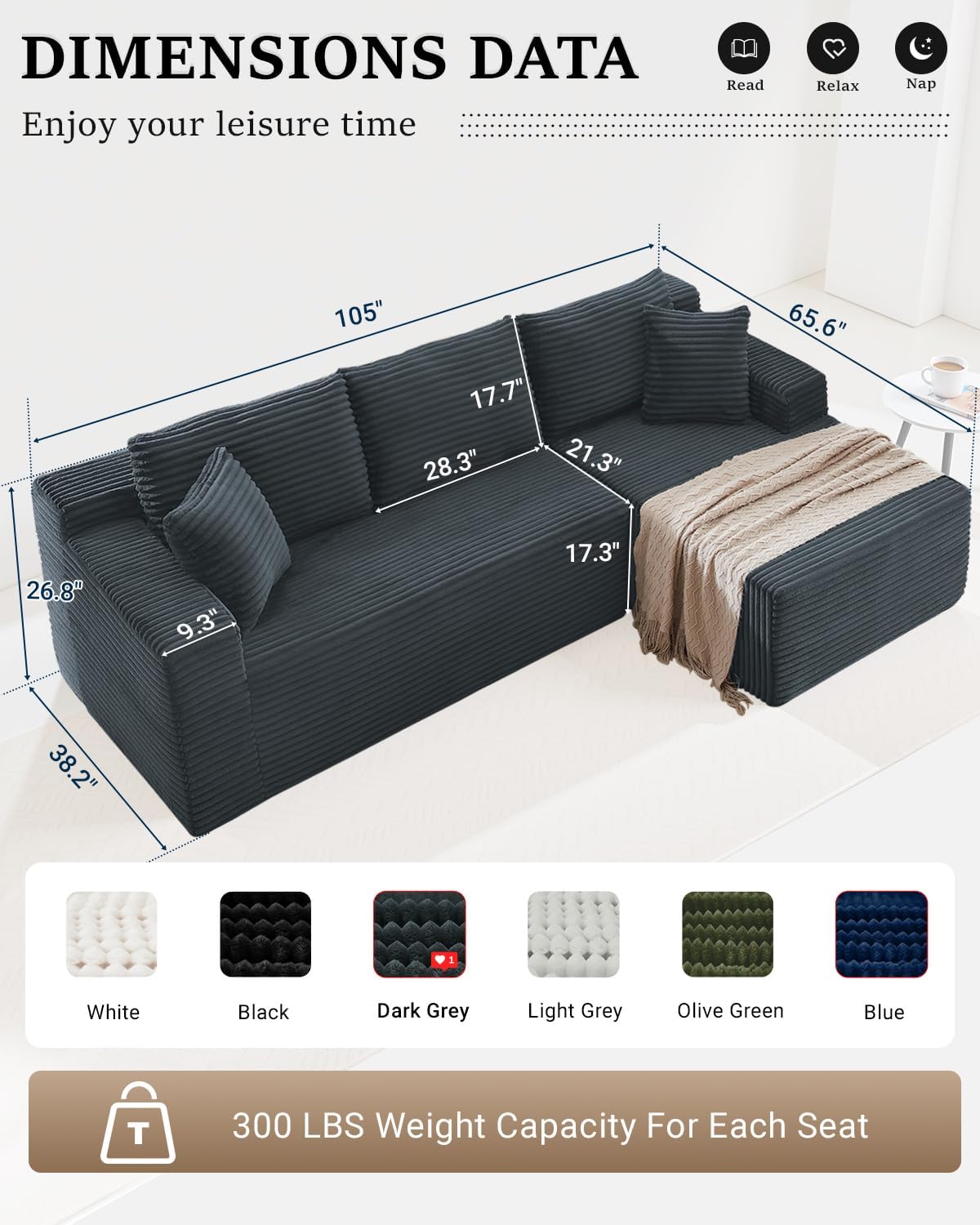 105 Inch Cloud Sectional Couch with Deep Seat
