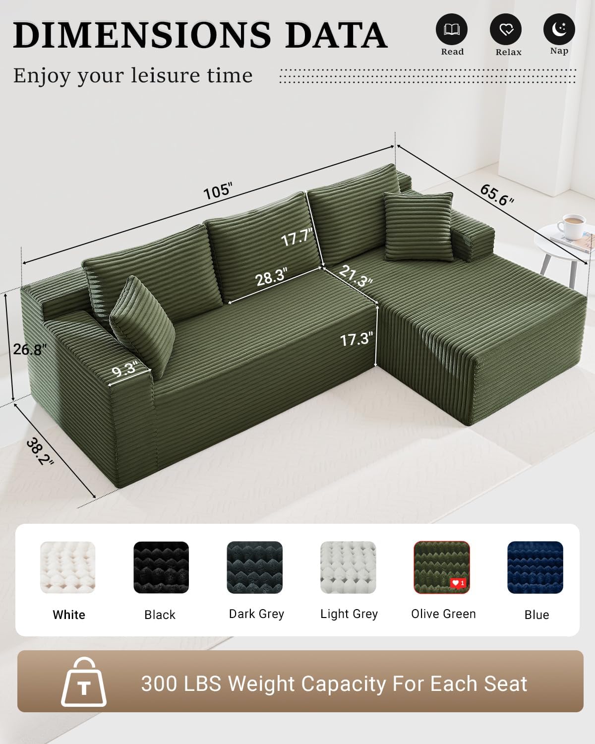 105 Inch Cloud Sectional Couch with Deep Seat