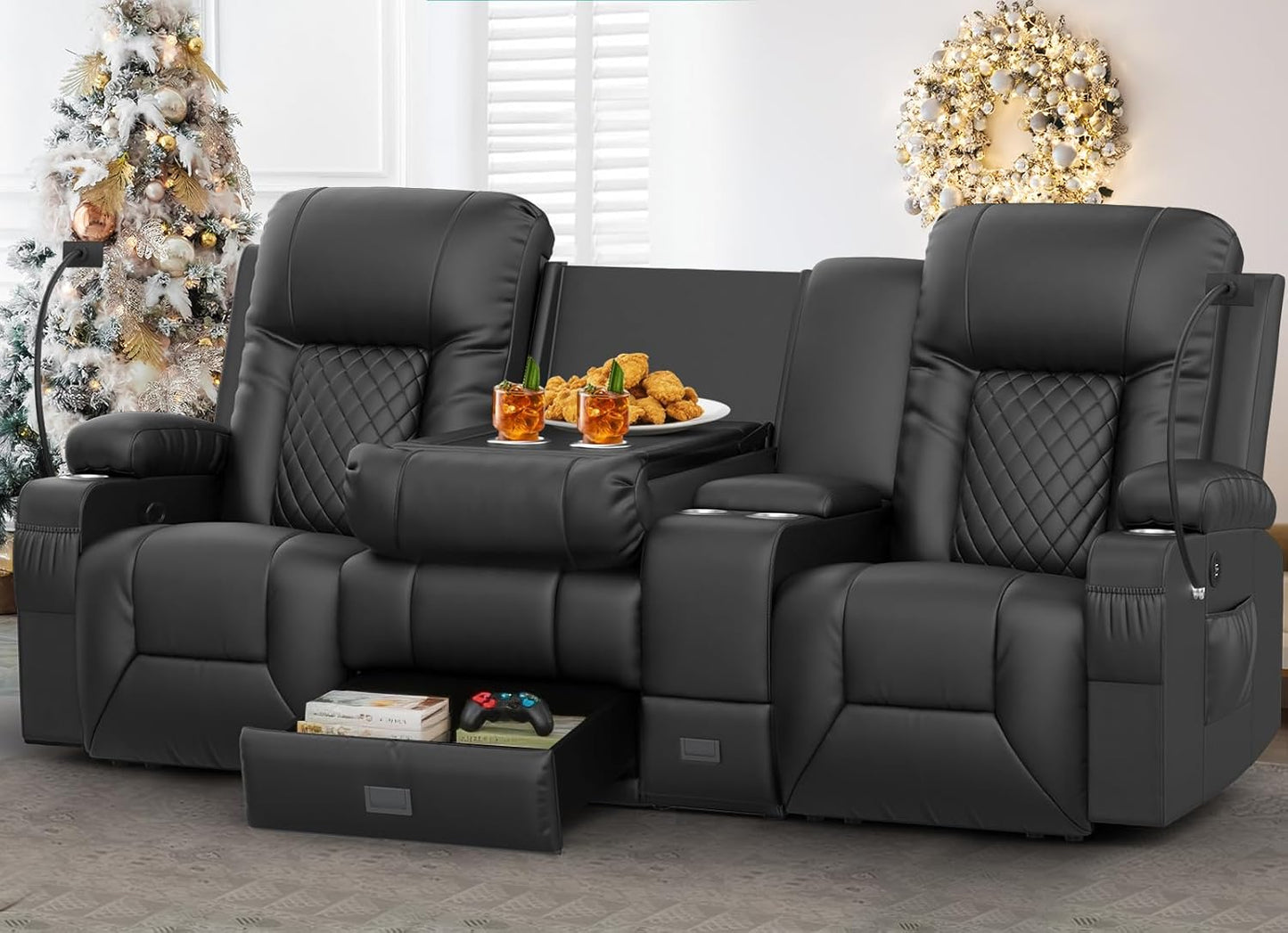 YONISEE 3 Seat Recliner Sofa, Large Reclining Sofa with Storage Console, Manual Reclining Chair with USB Ports, 2 Cell Phone Holder, 3 Seater Loveseat Recliner Couch for Living Room