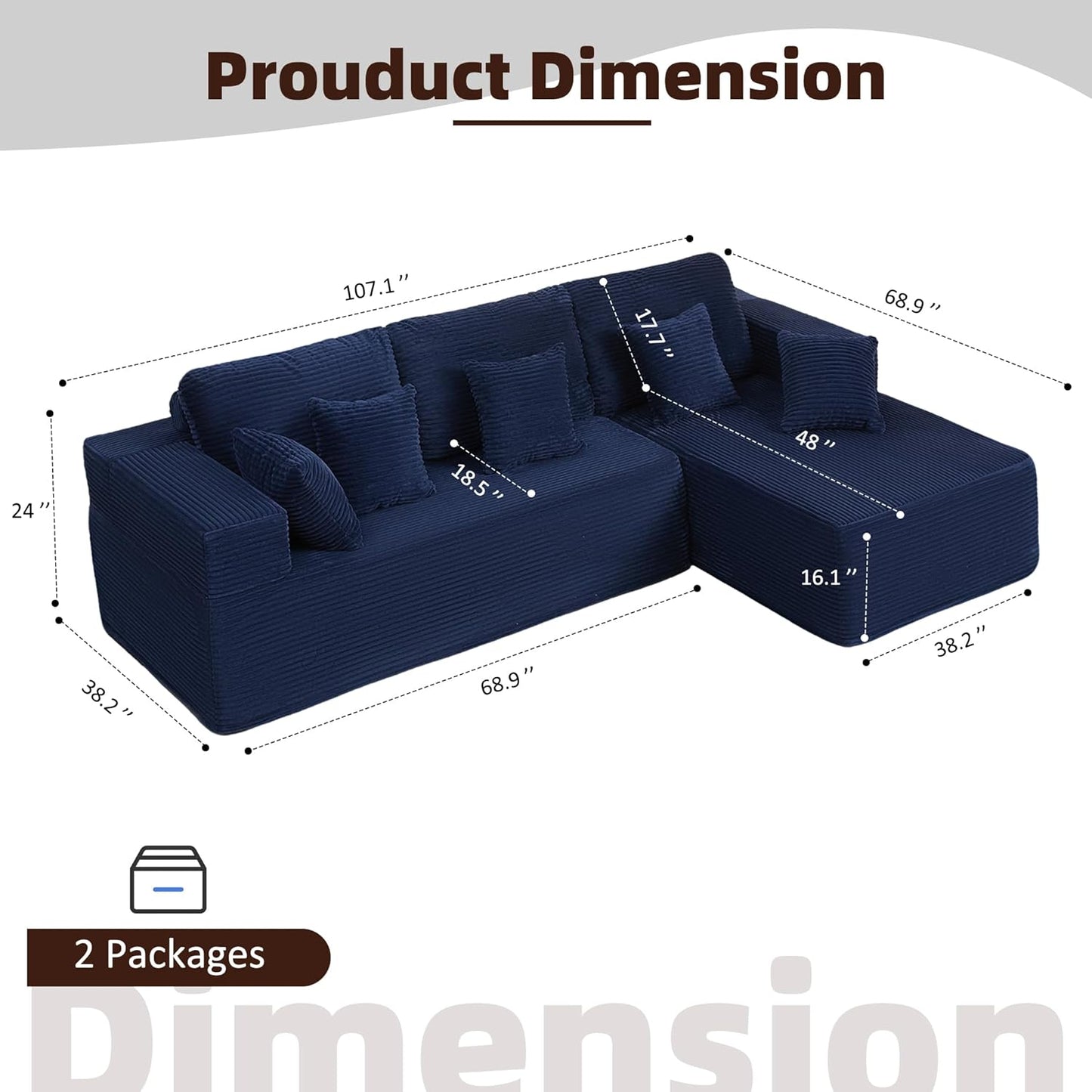 107" Boneless Couch with Deep Seat Cloud Sectional Couch for Living Room