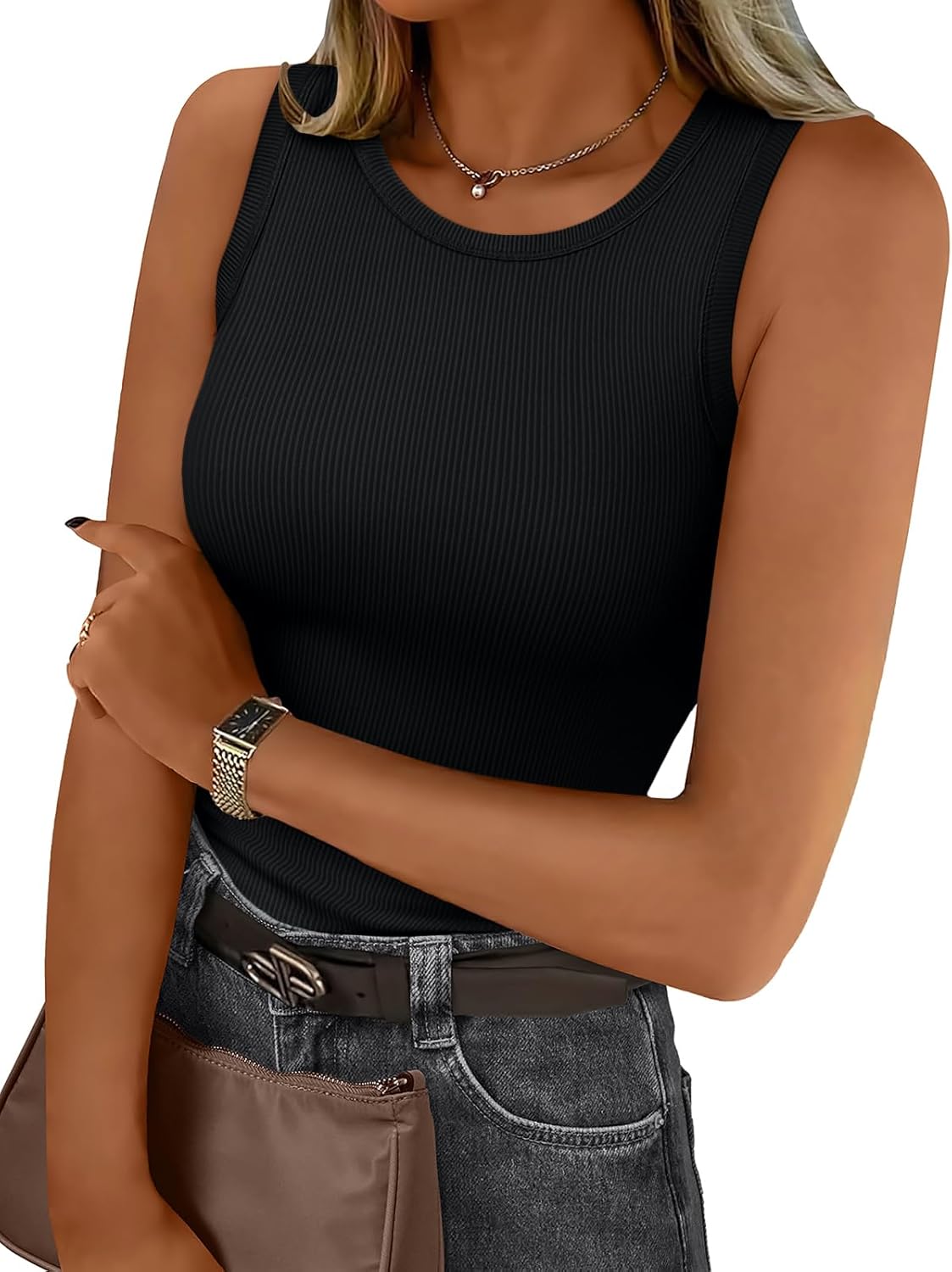 Womens Tank Tops Summer Workout Ribbed Sleeveless High Neck