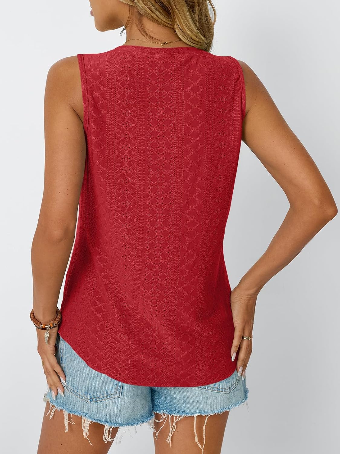 Womens Summer Tank Top Eyelet Embroidery V Neck Sleeveless Loose Fit Casual Shirt