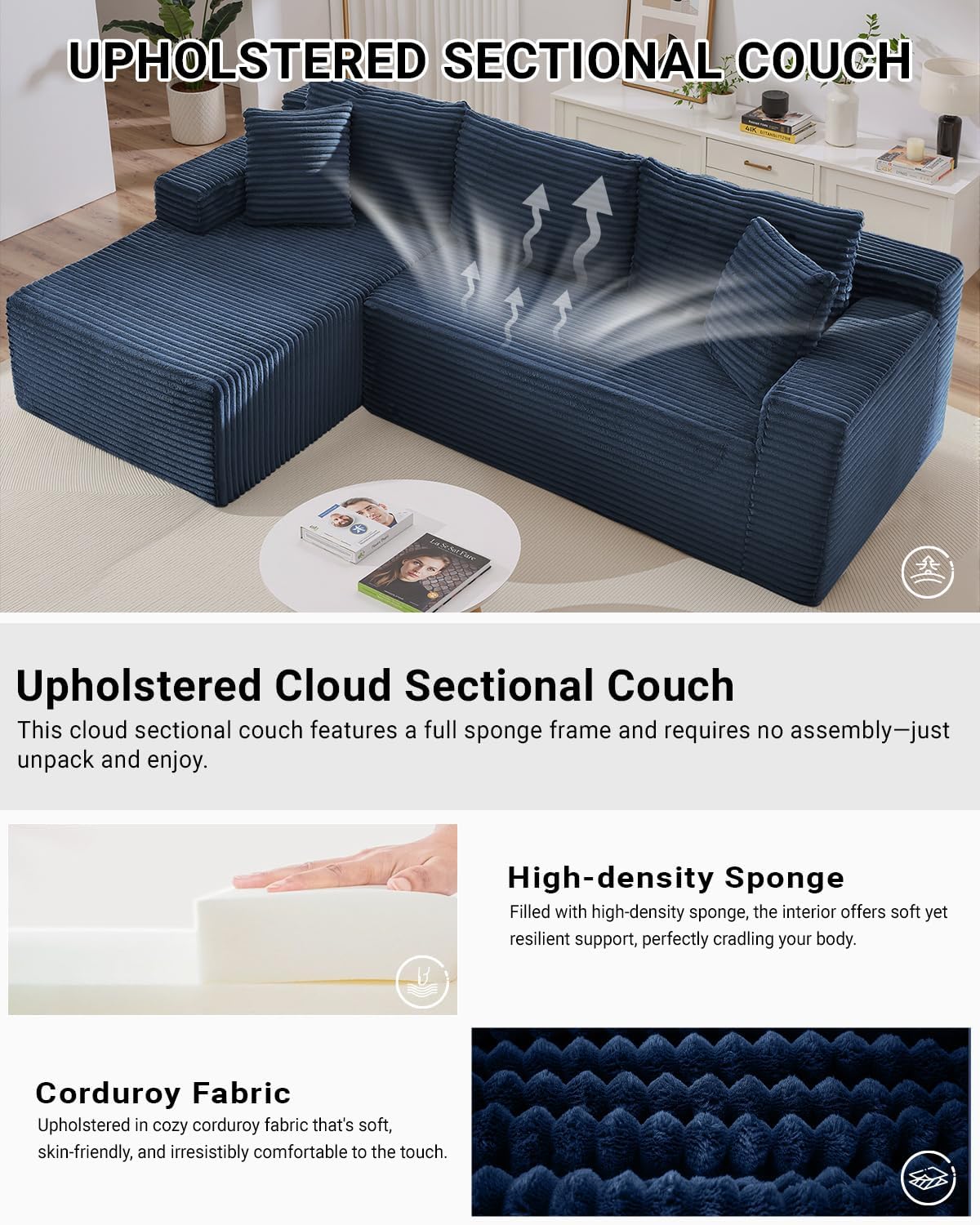 105 Inch Cloud Sectional Couch with Deep Seat