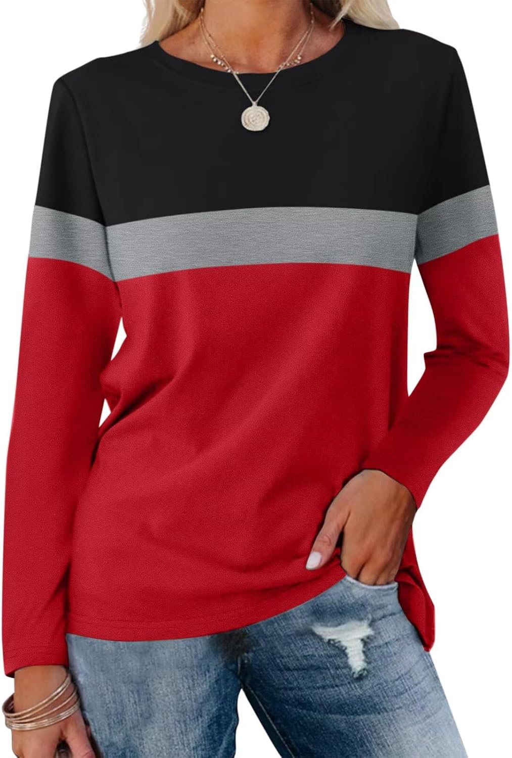 Women Long Sleeve Color Block Tunics Tops Round Neck Shirts Casual Blouses