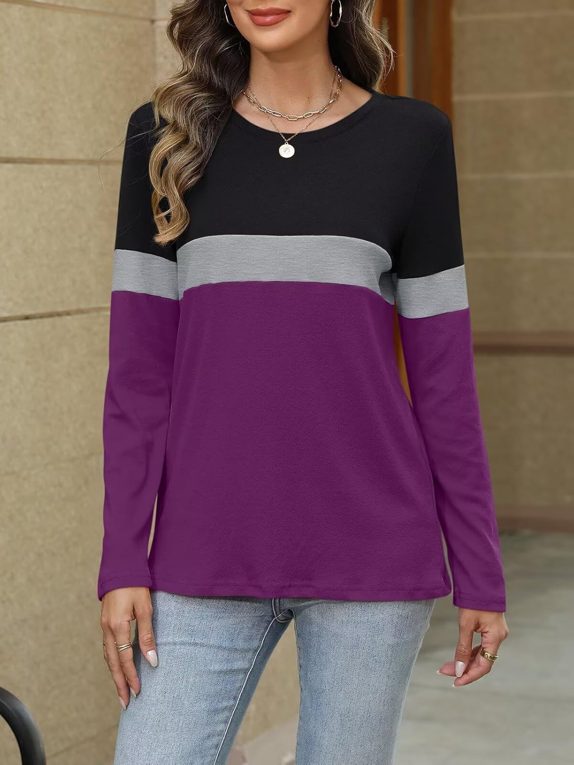 Women Long Sleeve Color Block Tunics Tops Round Neck Shirts Casual Blouses