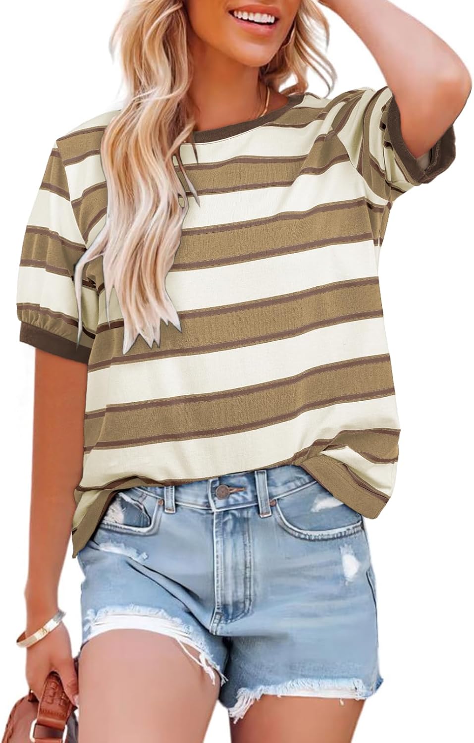 Striped Color Block Short Sleeve T-Shirts Crewneck Casual Loose Basic Tee Blouses
