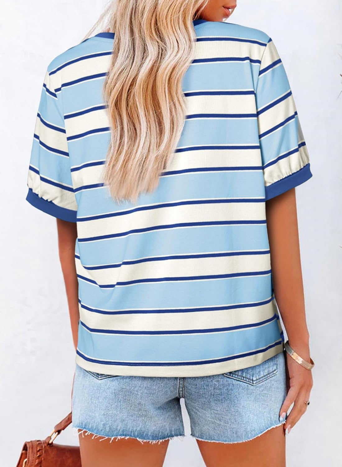 Striped Color Block Short Sleeve T-Shirts Crewneck Casual Loose Basic Tee Blouses