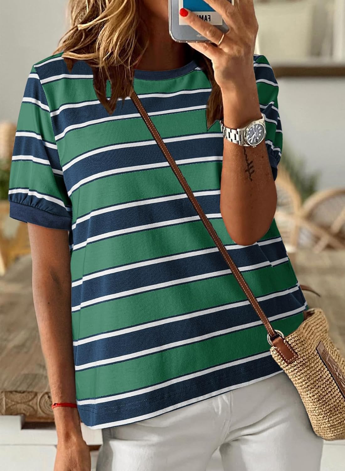 Striped Color Block Short Sleeve T-Shirts Crewneck Casual Loose Basic Tee Blouses