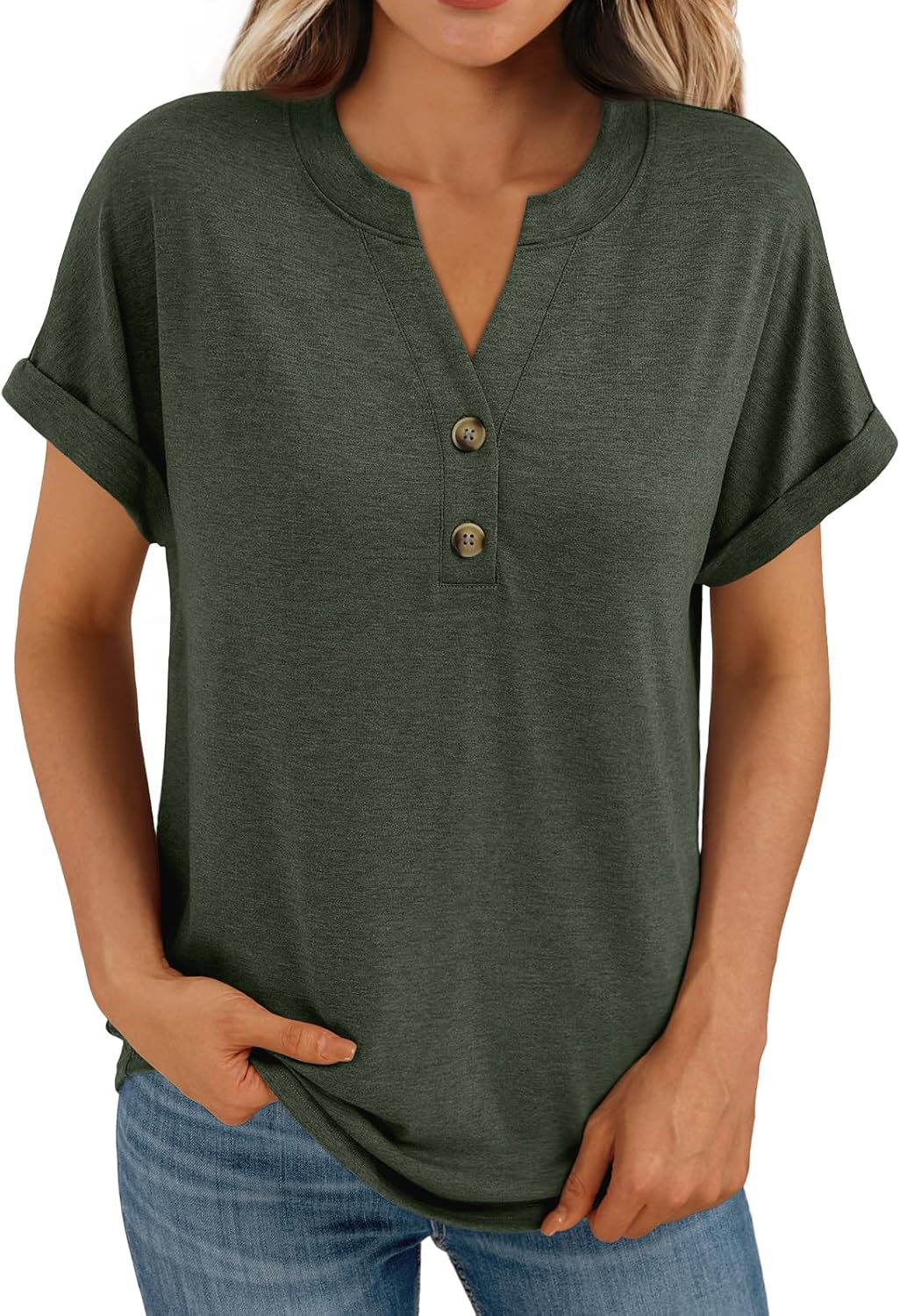 Women's Short Sleeve Shirts Henley Dressy Casual Summer Tops