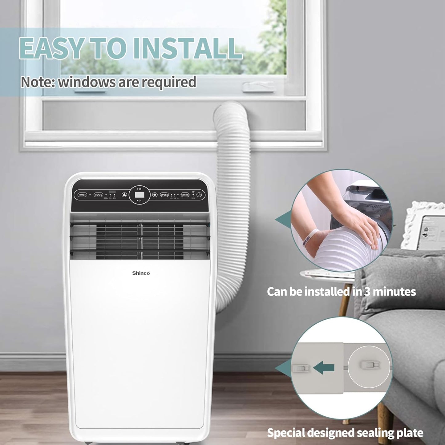 10,000 BTU Portable AC Wi-Fi Dehumidifier Fan Timer for 300 Sq.Ft with Window Kit