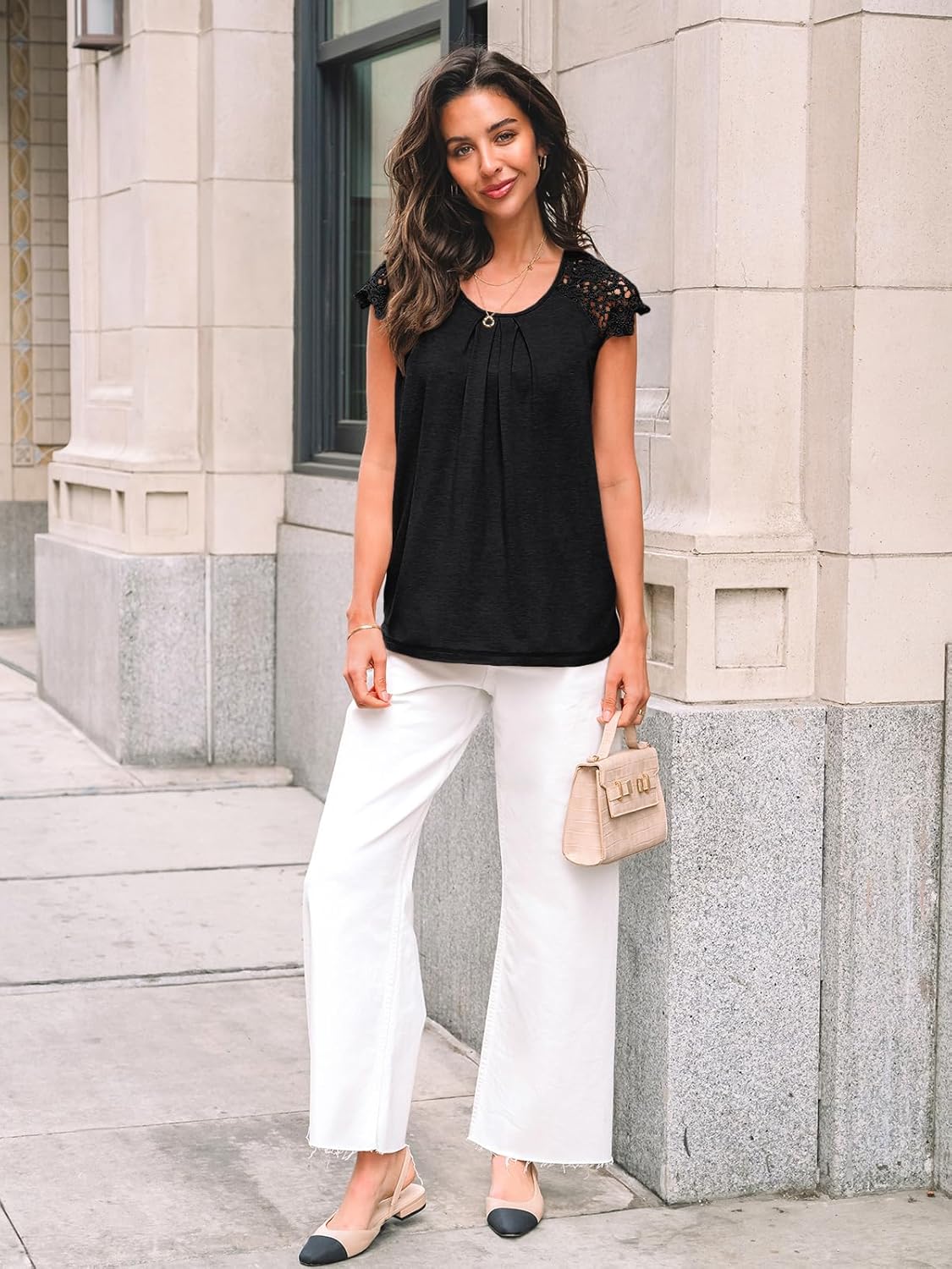 Womens Lace Tops Pleated Short Sleeve Shirts Summer
