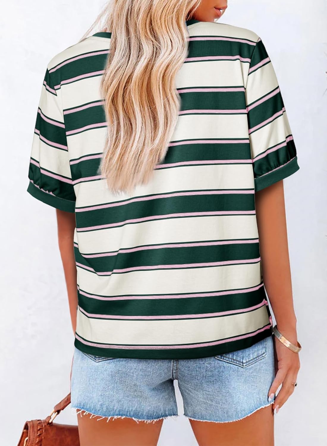 Womens Tops Cotton Casual Color Block Striped Short Sleeve Shirts Crewneck T Shirts