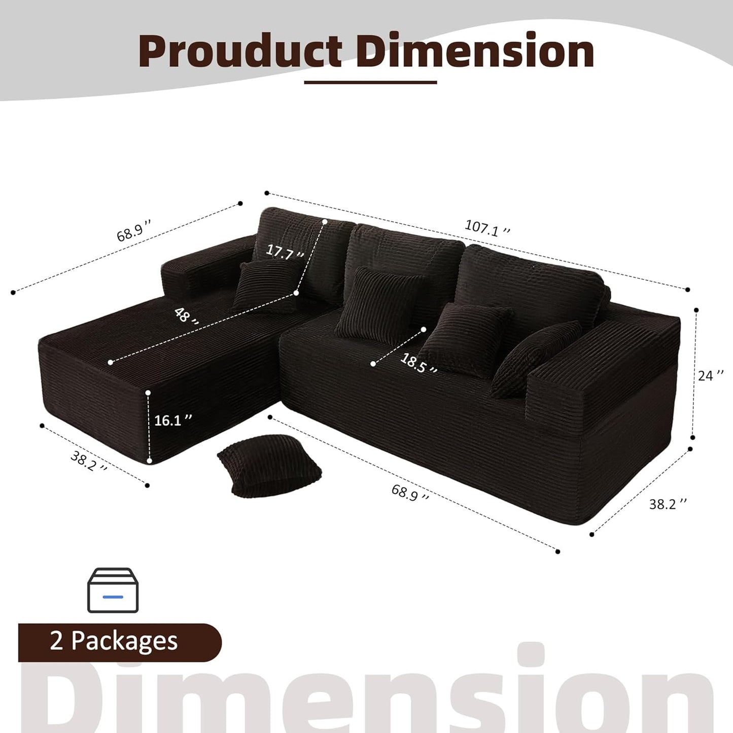 107" Boneless Couch with Deep Seat Cloud Sectional Couch for Living Room