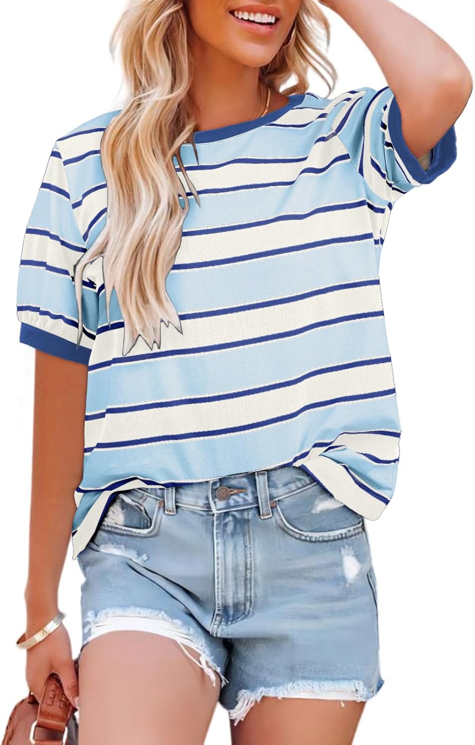 Striped Color Block Short Sleeve T-Shirts Crewneck Casual Loose Basic Tee Blouses