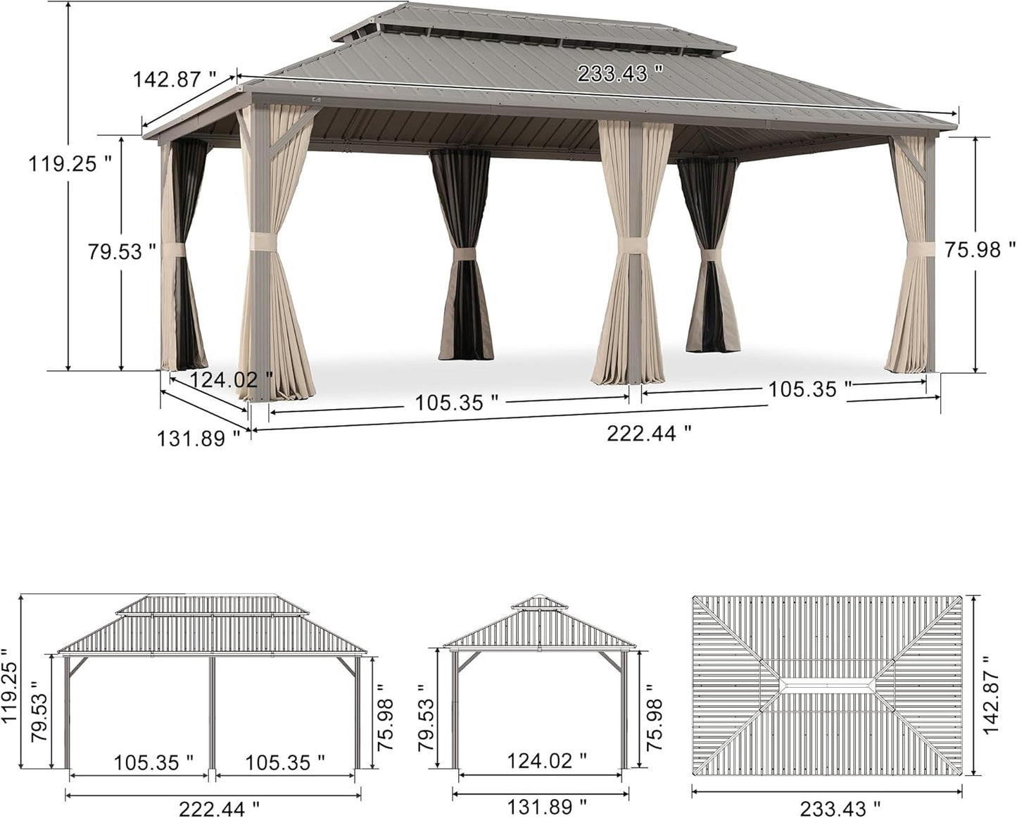 12x20ft Hardtop Gazebo Aluminum Frame Steel Roof Curtains Netting