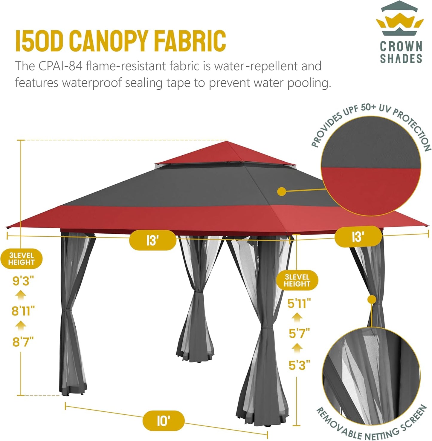 13x13 Pop Up Gazebo Canopy Tent with Wheeled Storage Bag Grey