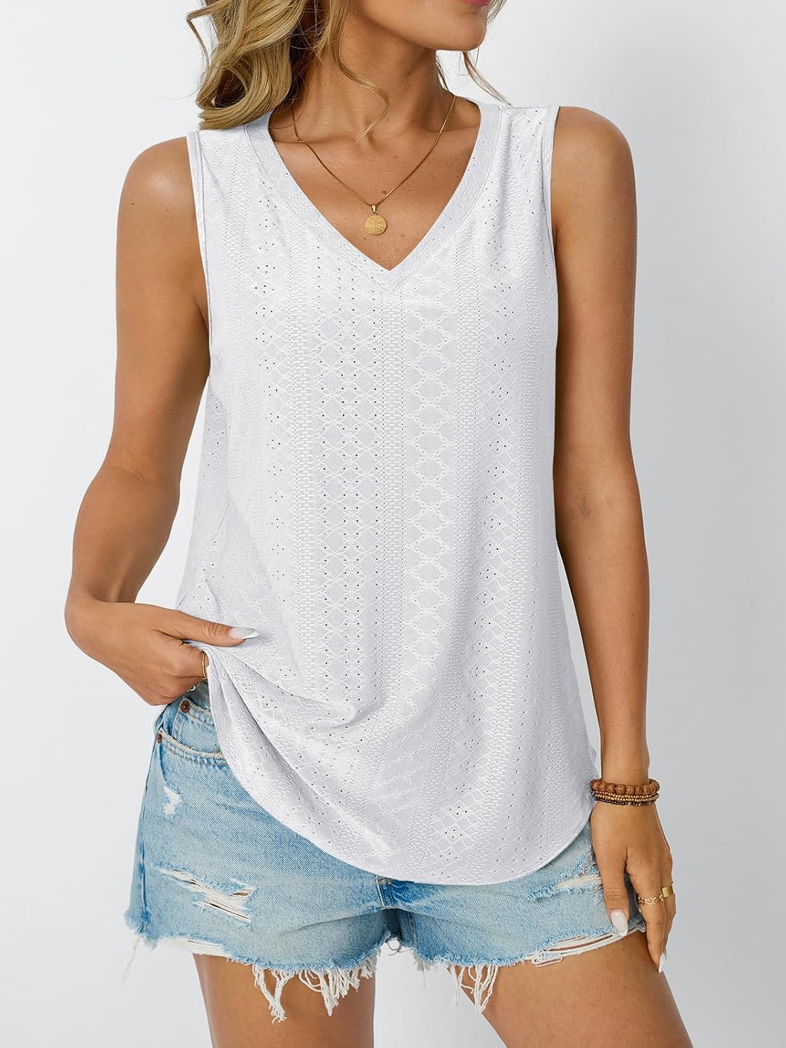 Womens Summer Tank Top Eyelet Embroidery V Neck Sleeveless Loose Fit Casual Shirt