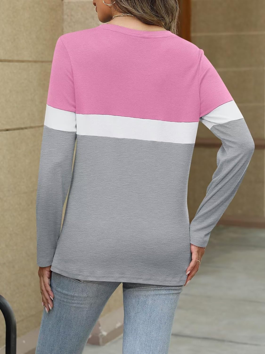 Women Long Sleeve Color Block Tunics Tops Round Neck Shirts Casual Blouses