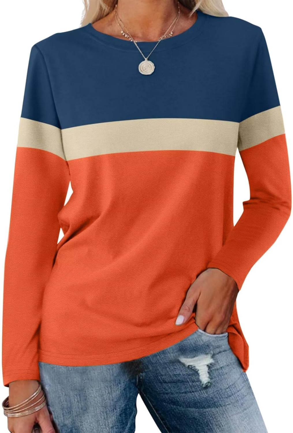 Women Long Sleeve Color Block Tunics Tops Round Neck Shirts Casual Blouses
