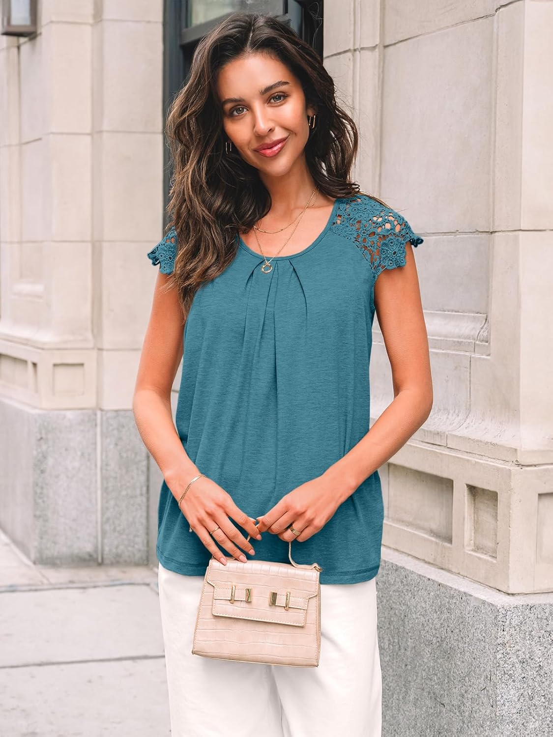 Womens Lace Tops Pleated Short Sleeve Shirts Summer