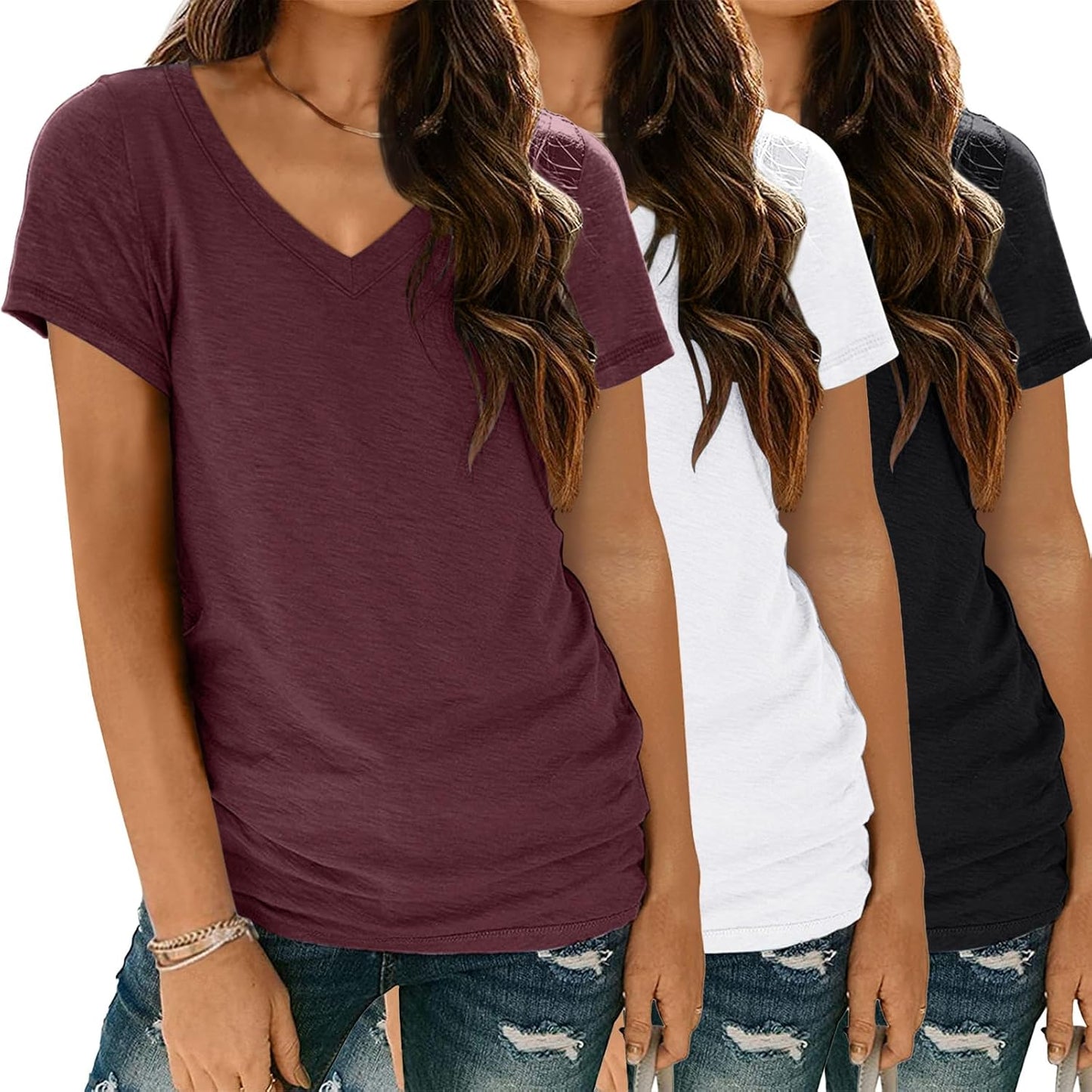 3 Pack V Neck T Shirts for Women Short Sleeve T-shirts