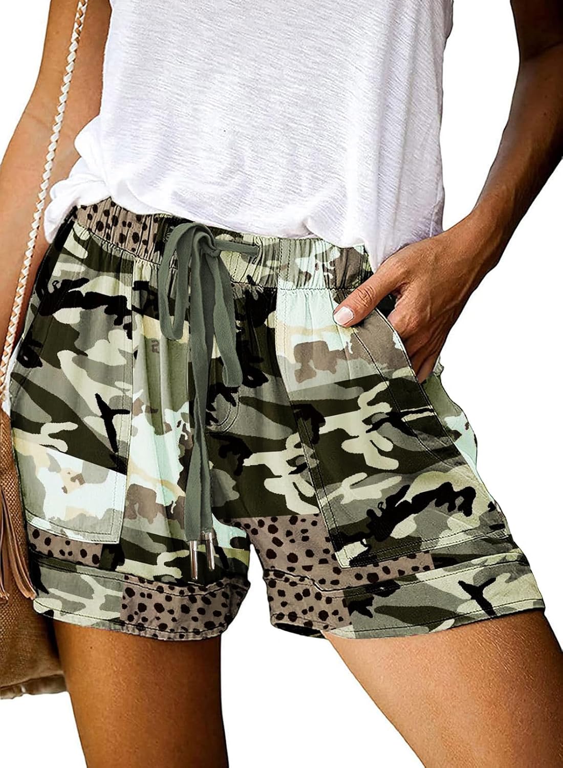 Womens Shorts Summer Comfy Cotton Elastic Waist Drawstring Casual Shorts with Pockets