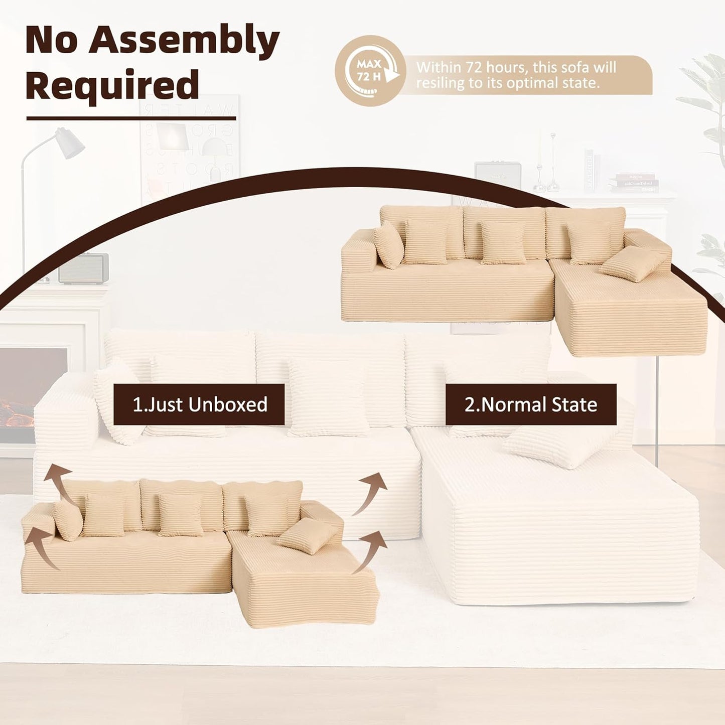 107" Boneless Couch with Deep Seat Cloud Sectional Couch for Living Room