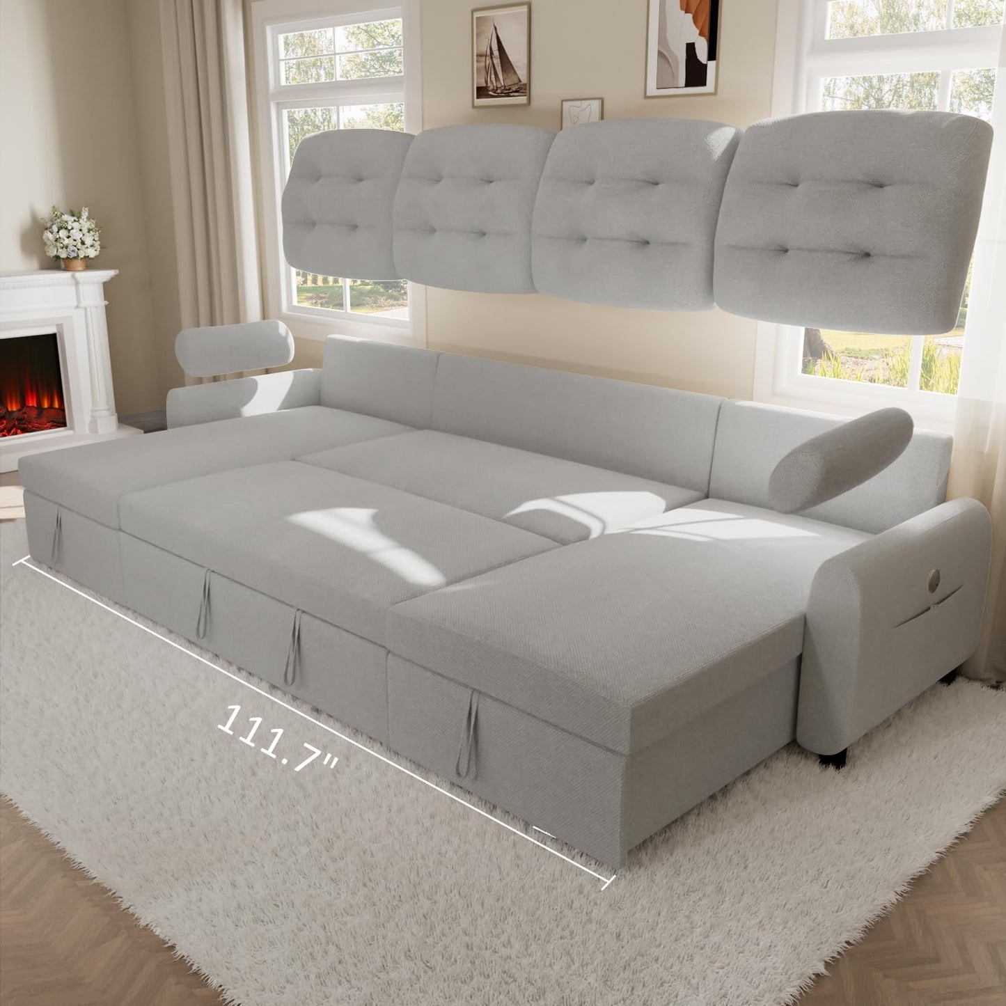 Sectional Sleeper Sofa with Storage Chaise USB Port, Side Pocket Removable Back 87" Couch in Black Linen